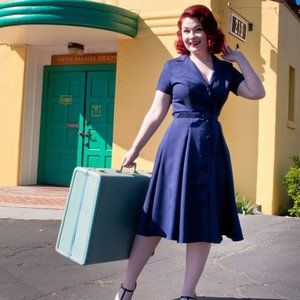 EUC Heart of Haute Vintage Style Midi Shirt Dress, Navy Blue Short Sleeve